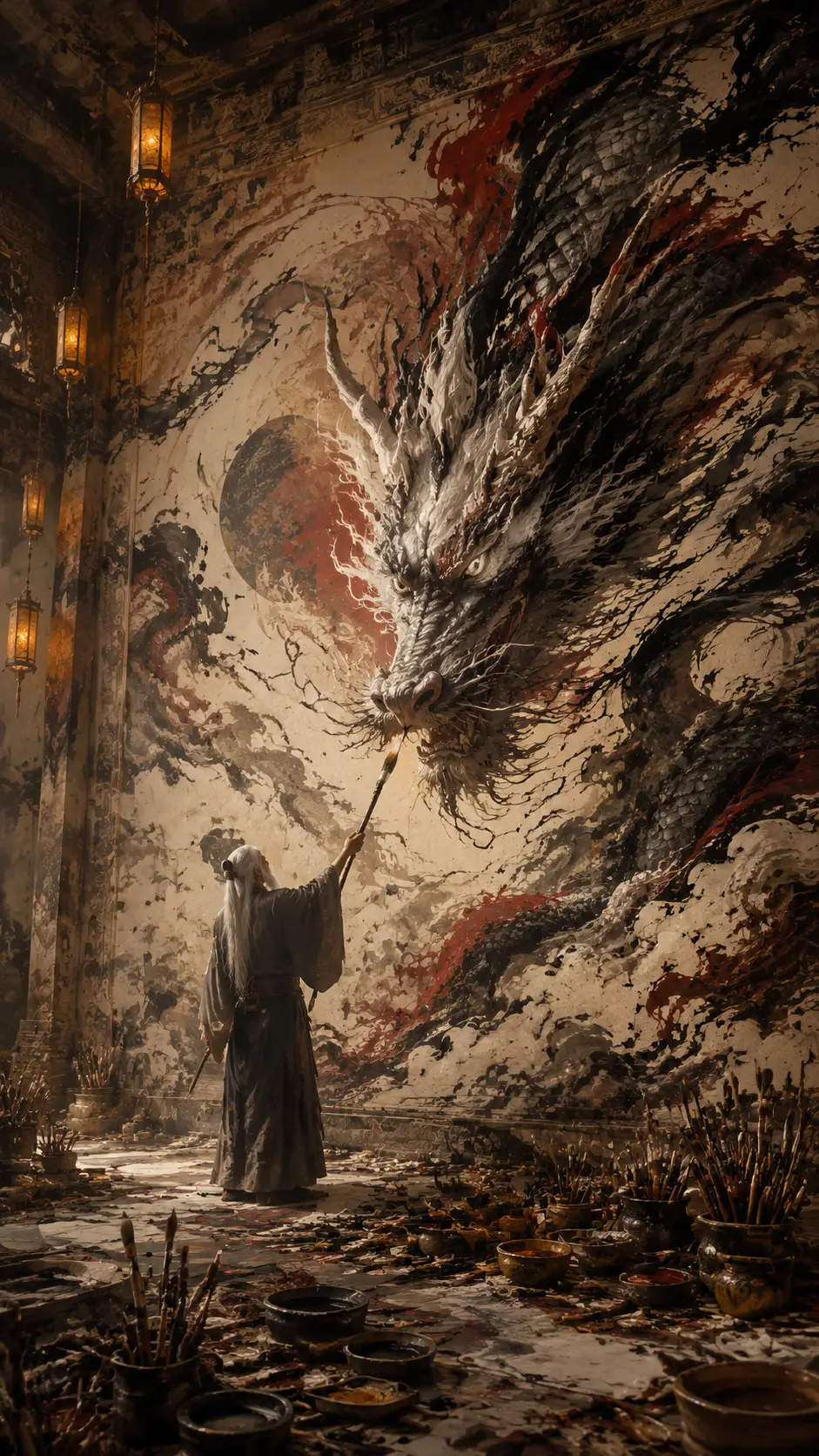 Elderly artist finishing a colossal dragon mural in temple
