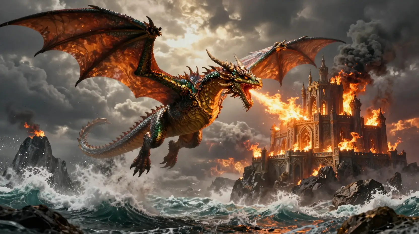 Golden dragon breathing fire above burning cliffside castle