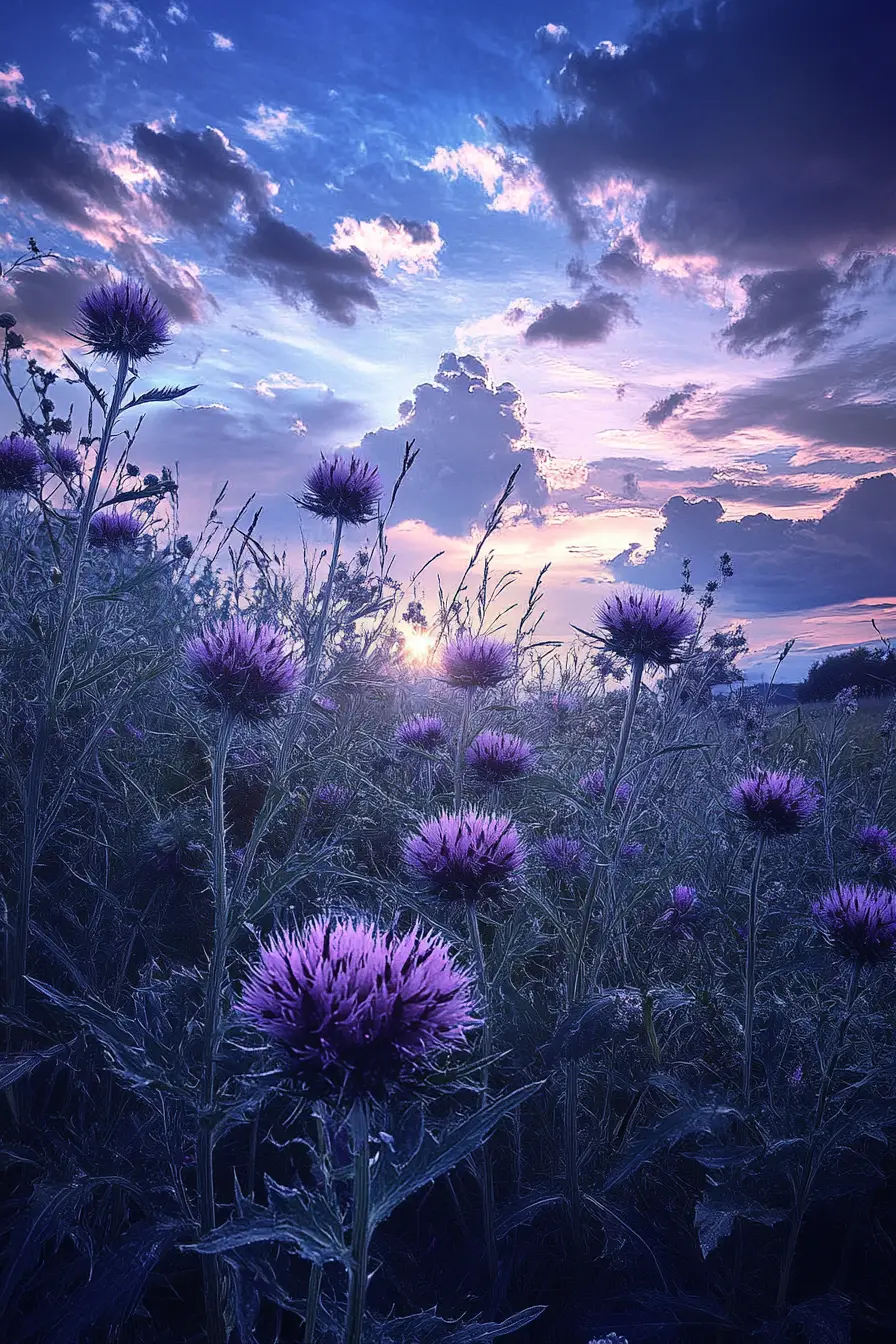 Purple thistle flowers under a blue evening sky