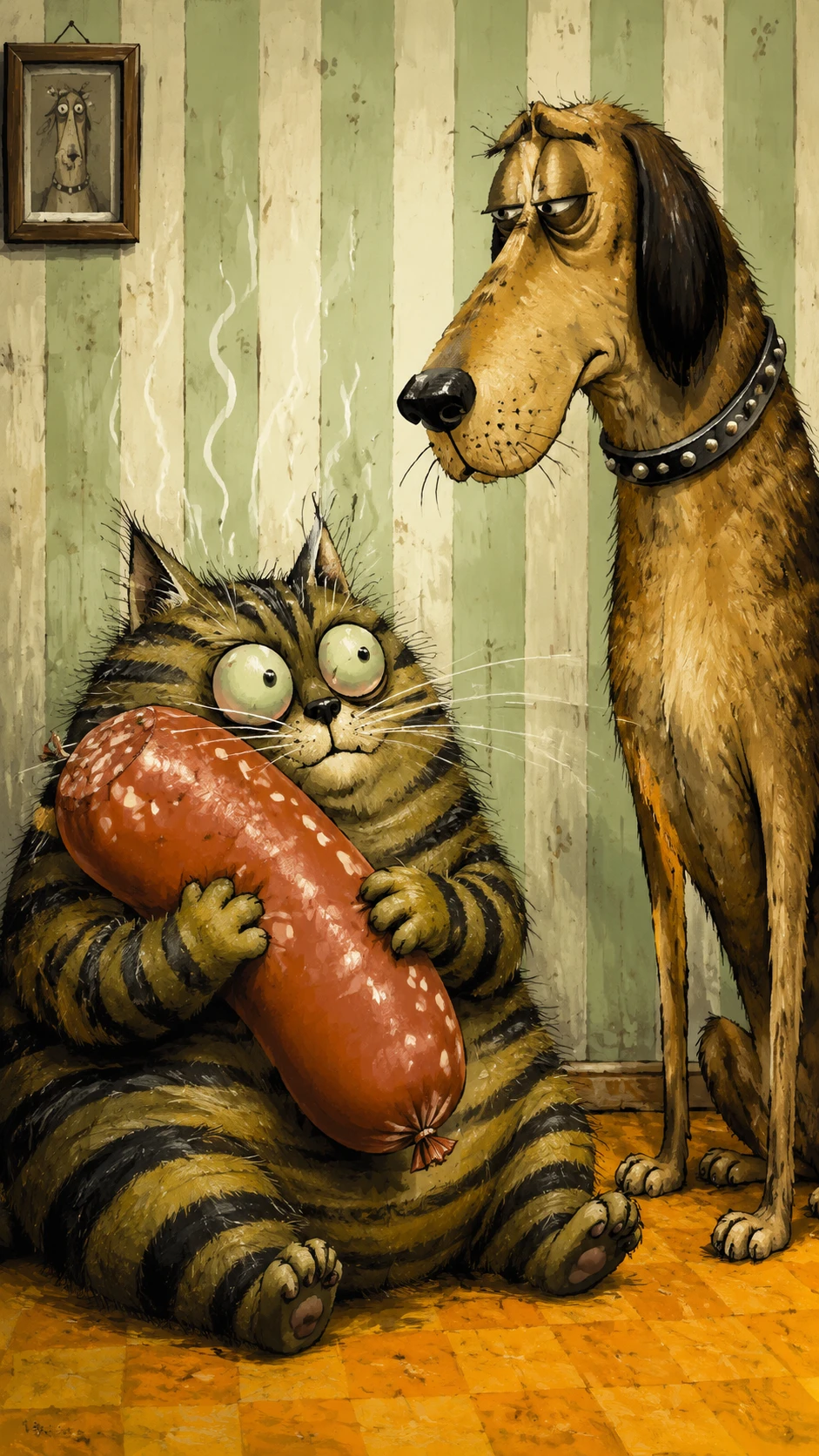 Verspielte gestreifte Katze, die drinnen eine riesige Wurst umarmt