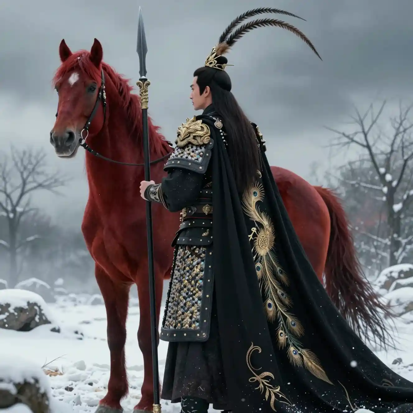 Heroic warrior and red warhorse in snowy battlefield