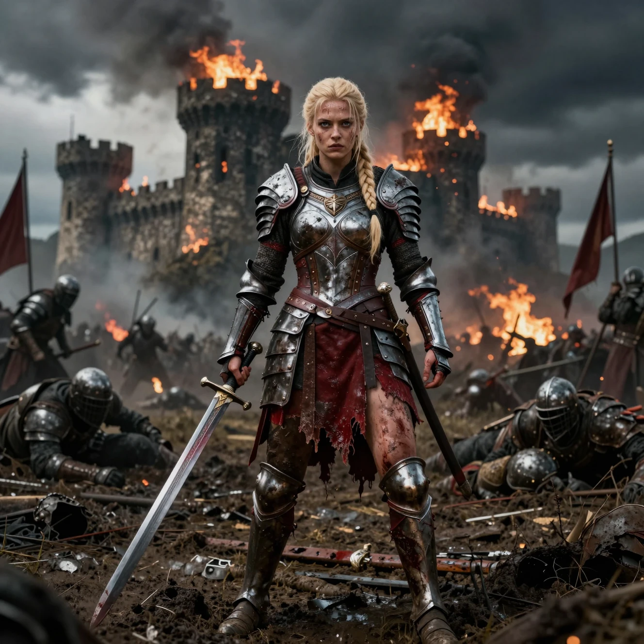 Battle worn female warrior before a burning castle