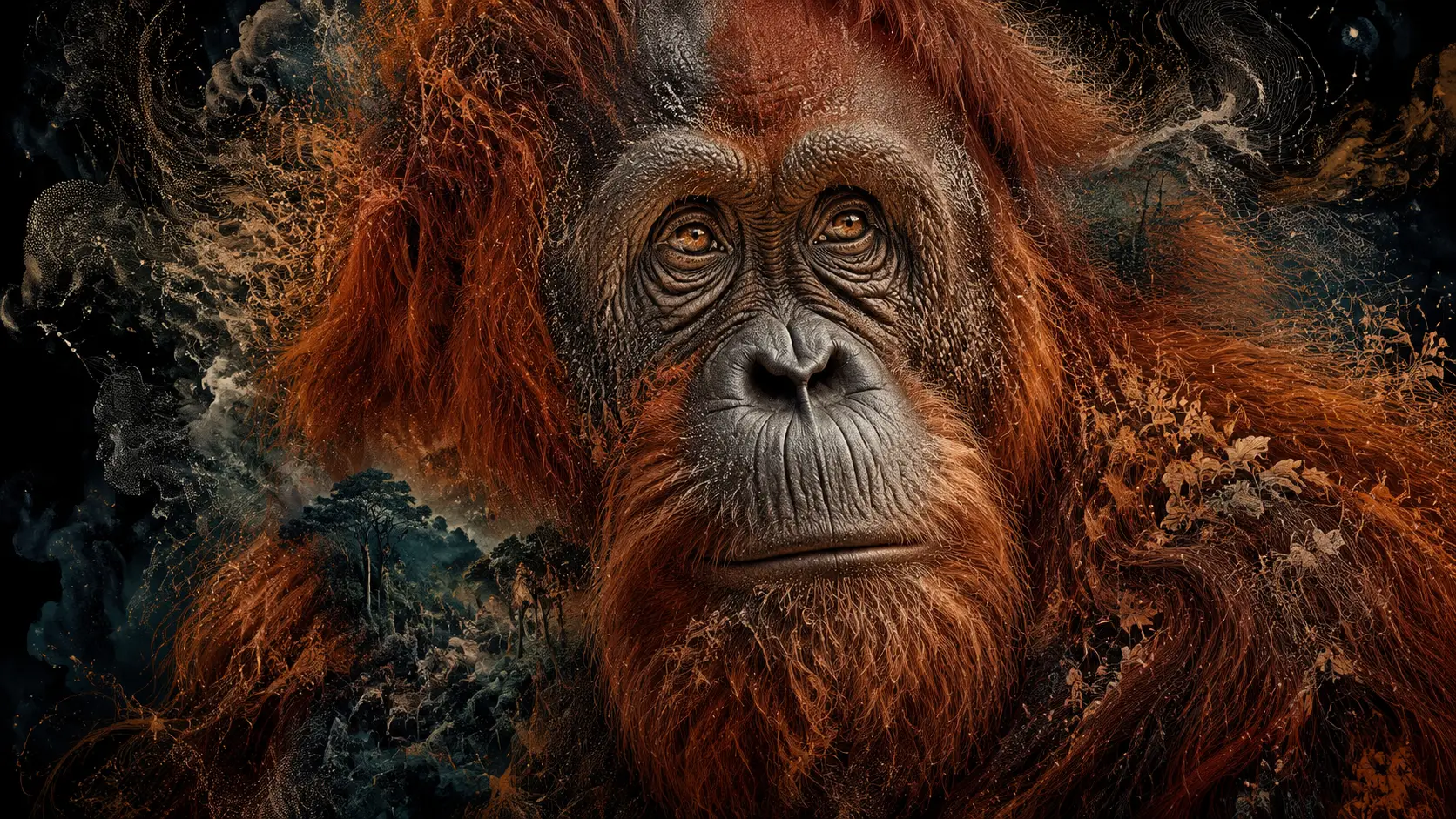 Surreal orangutan portrait woven with data clouds and filigree