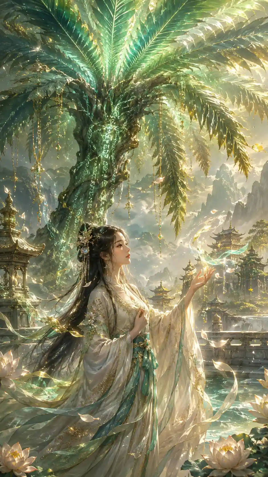 Sainte céleste en hanfu sous un arbre spirituel rayonnant