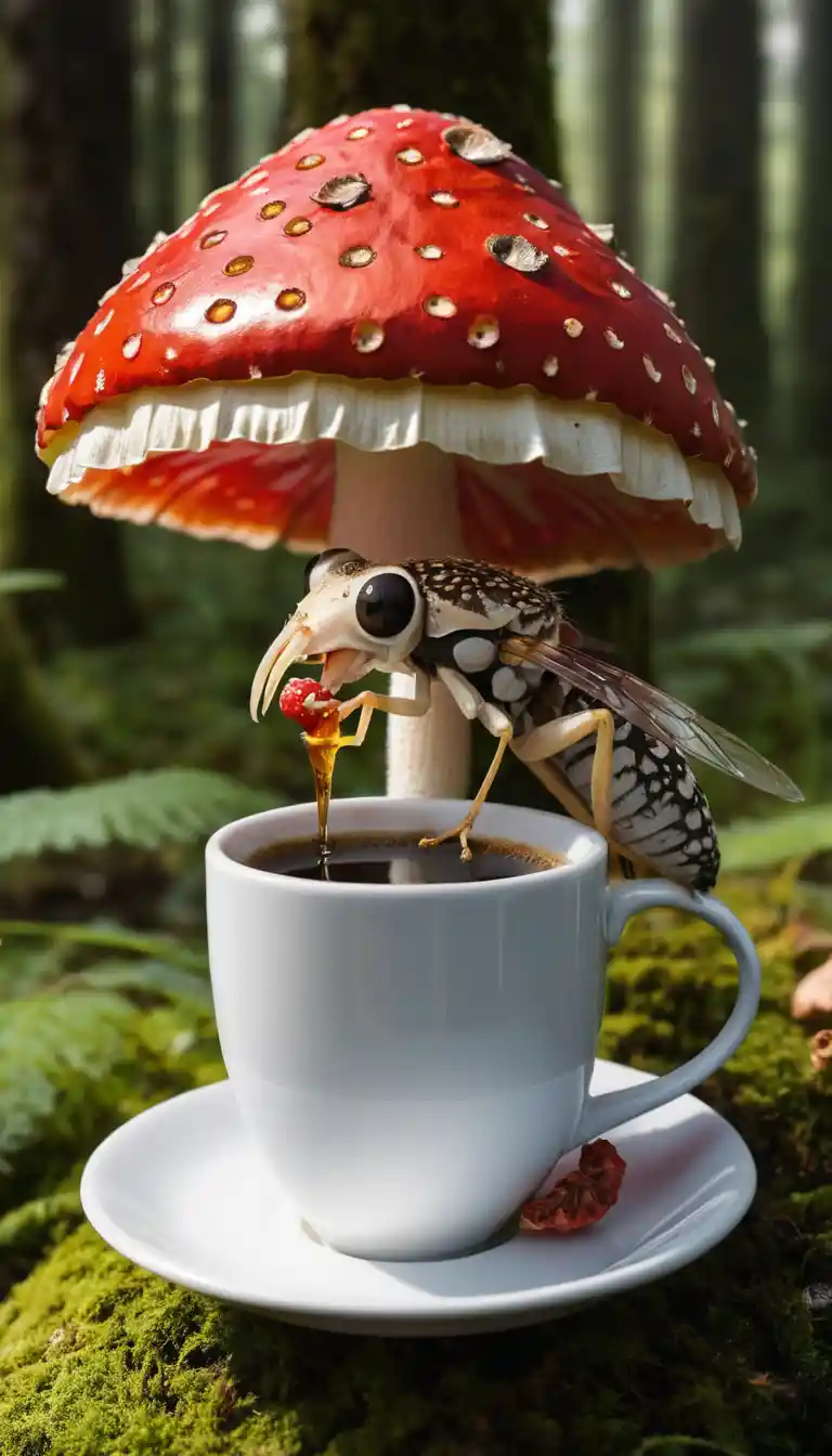 Anthropomorphic Flower Drinking Coffee On Fly Agaric Mushroom