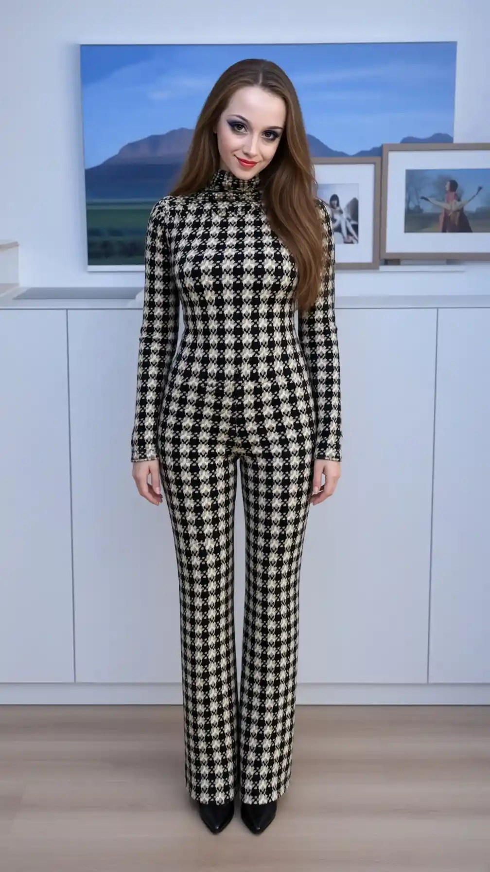 Mujer con maquillaje llamativo y cabello largo en vista de cuerpo completo