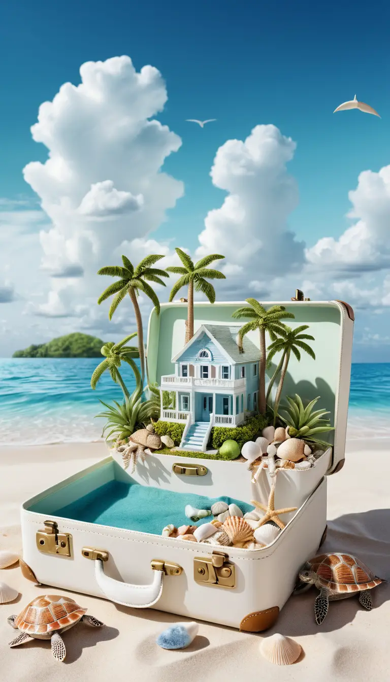 Ilha surreal em mala com praia tropical e casa minúscula