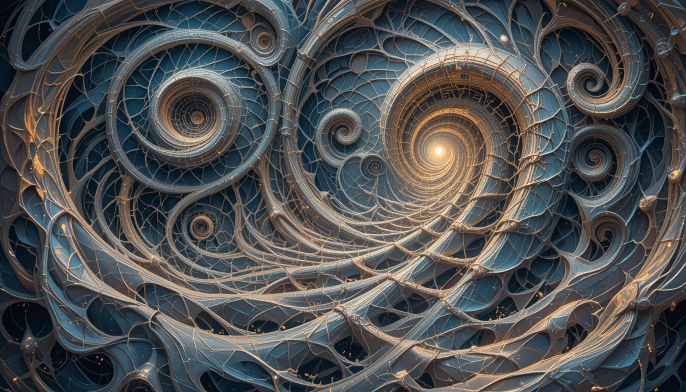Espirales fractales surrealistas en un paisaje onírico místico