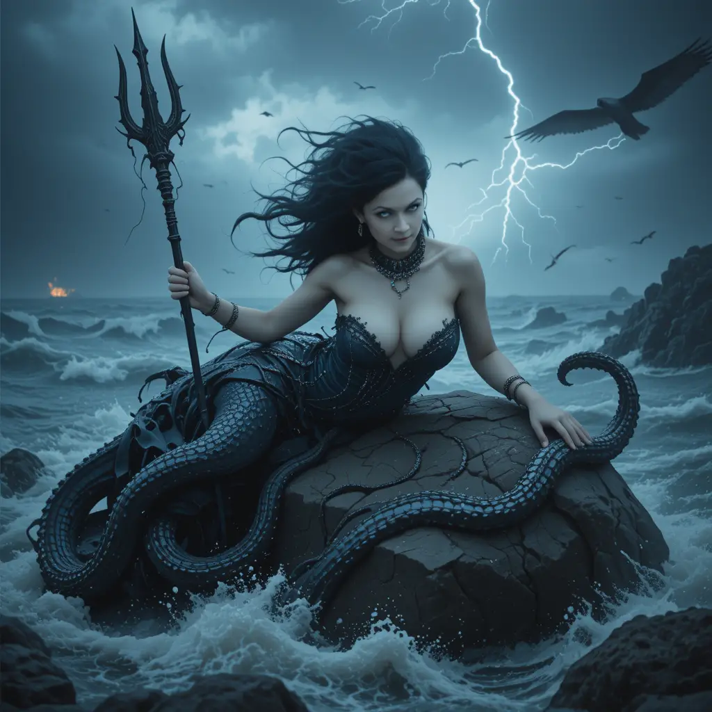 Dark sea queen with octopus tail in stormy ocean