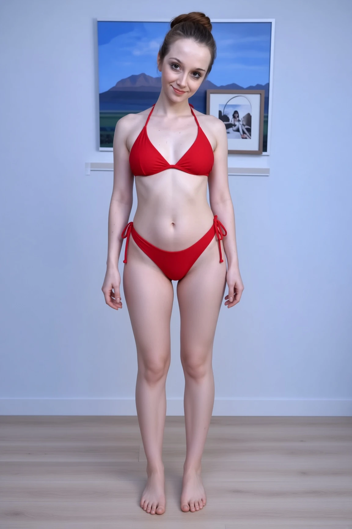 편안하게 서 있는 젊은 여성의 전신 모습