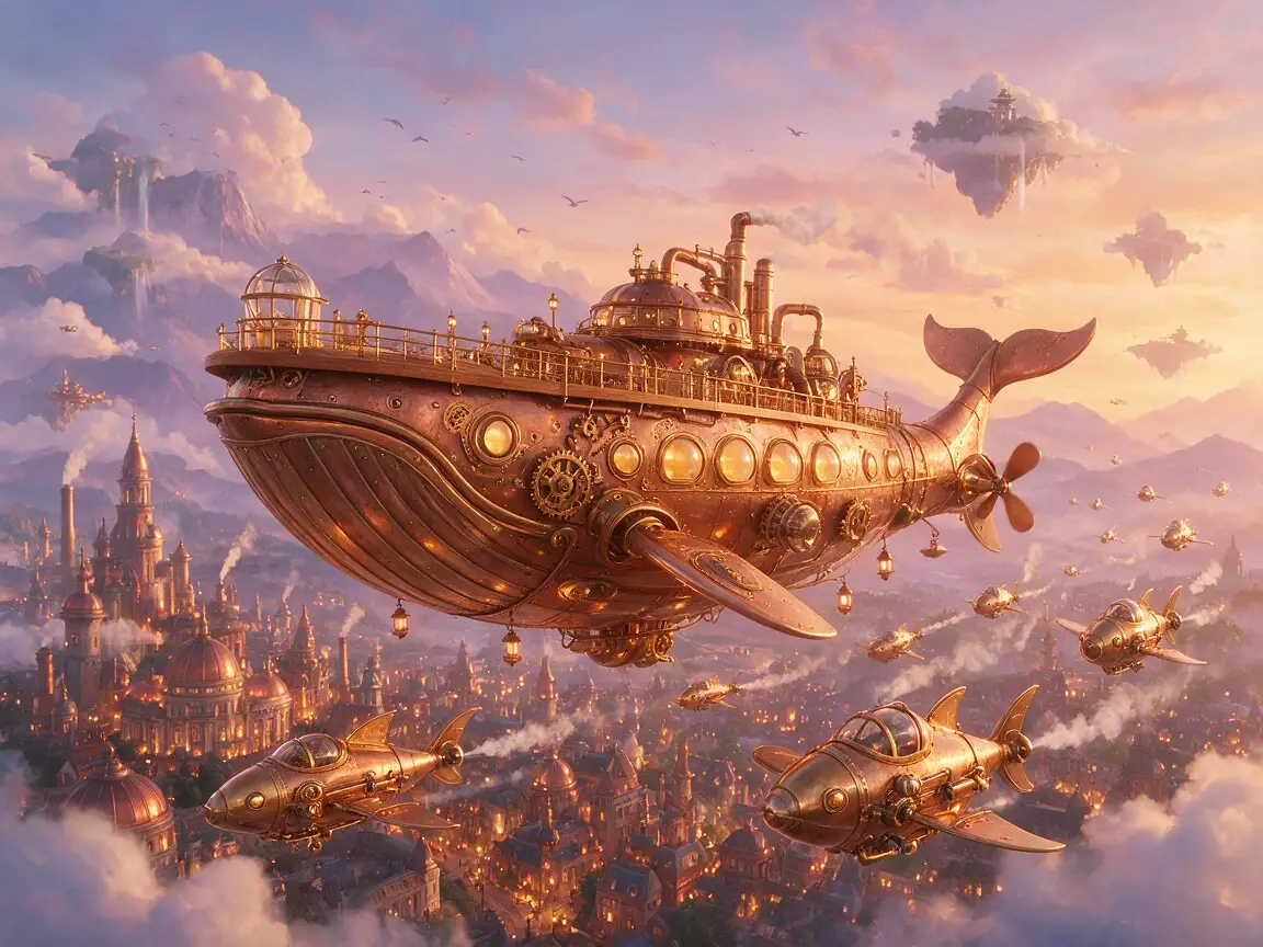 Majestic steampunk whale airship over a glowing city