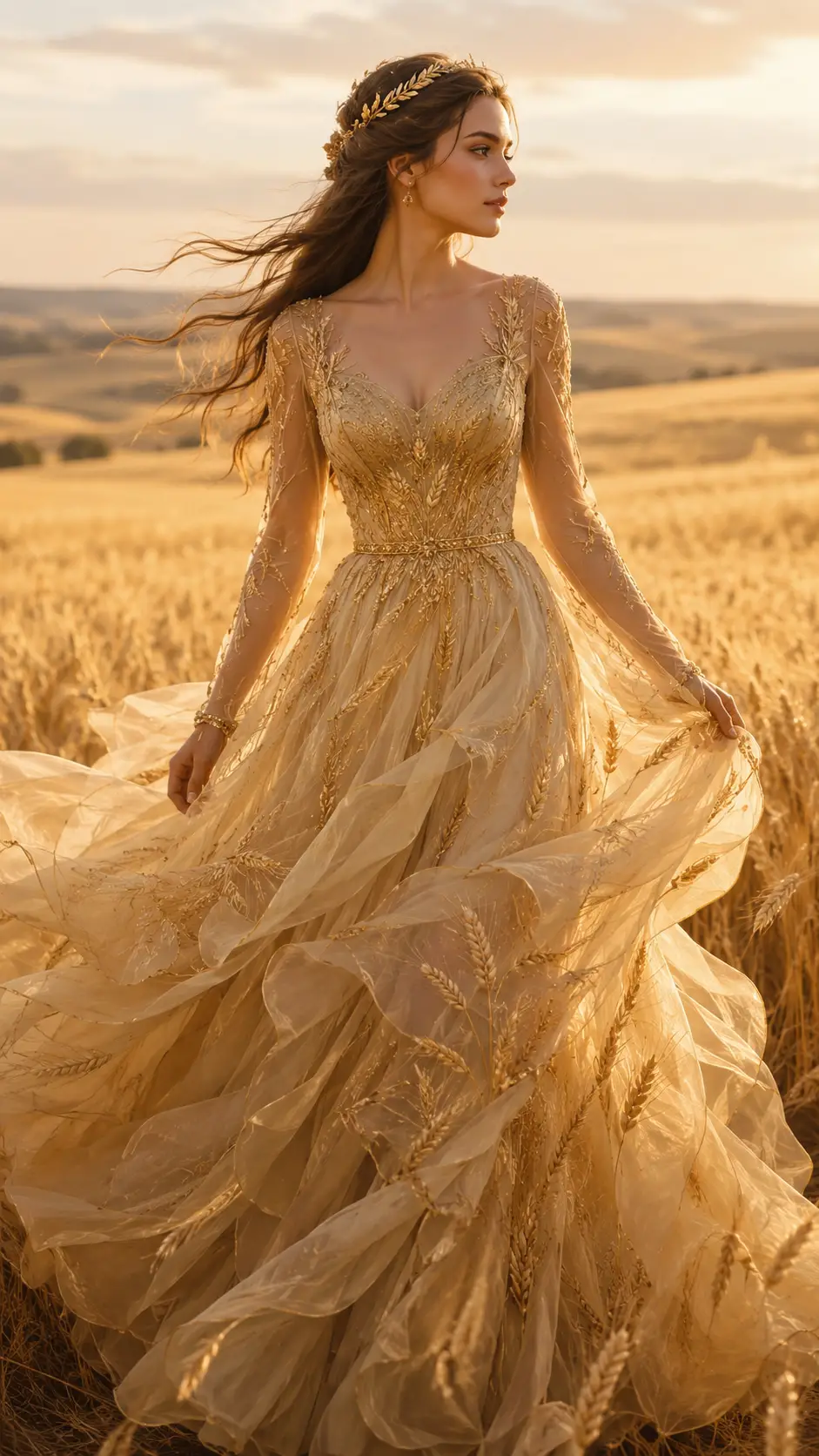Woman in flowing wheat inspired golden evening gown