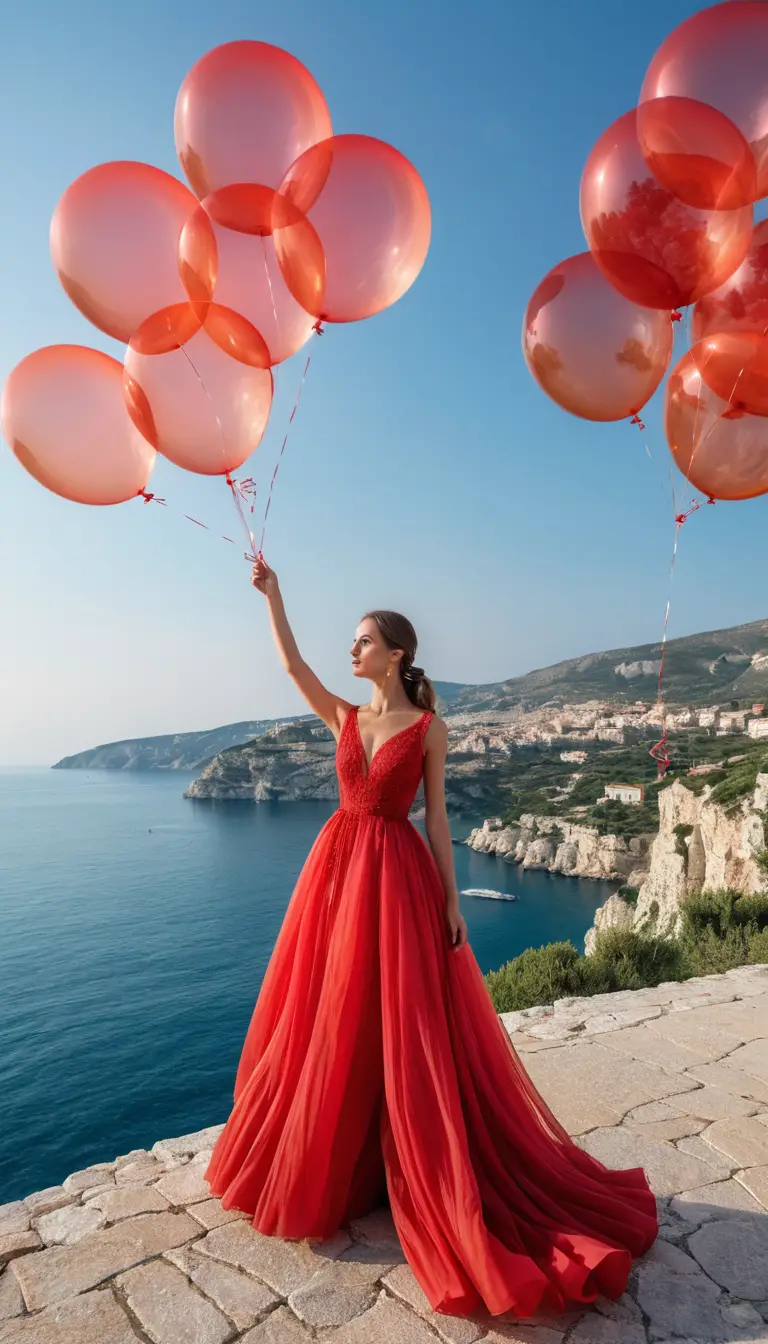 Chica con vestido rojo y globos gigantes junto al mar