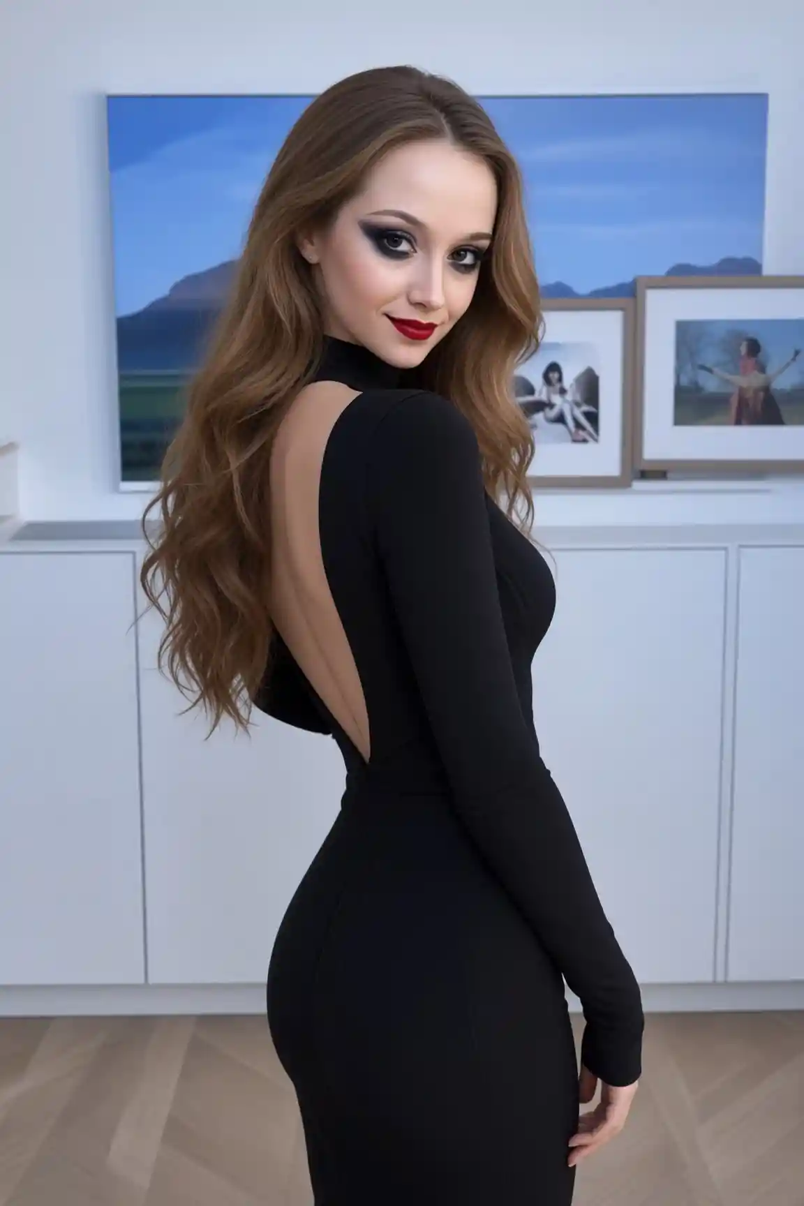 Mujer de perfil con maquillaje dramático y el cabello largo suelto