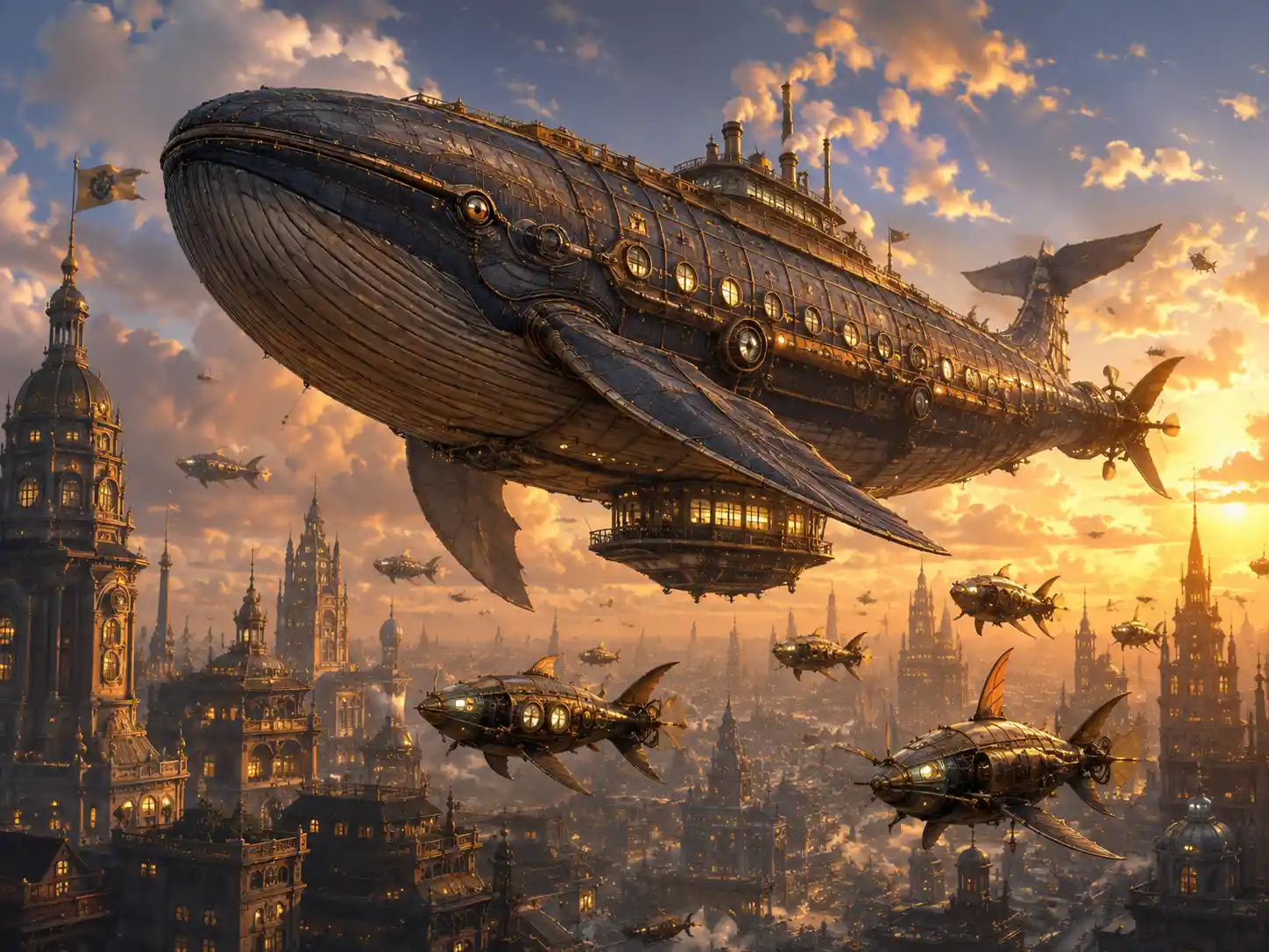 Majestic steampunk airship above a glowing fantasy city