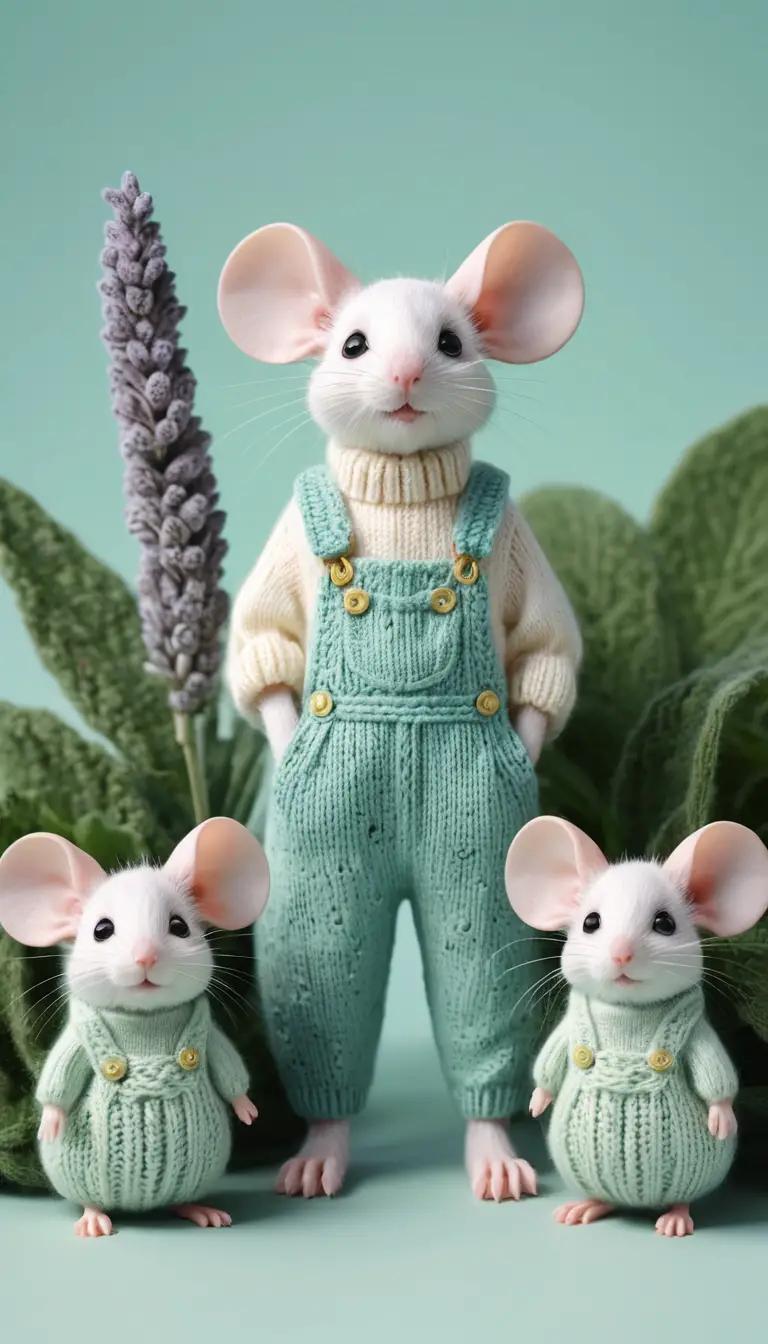 Three tiny white mice in colorful knitted fantasy garden
