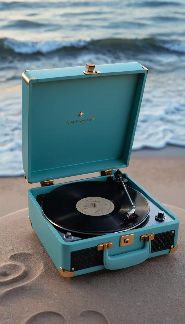 Toca-discos turquesa surreal com mar e céu noturno
