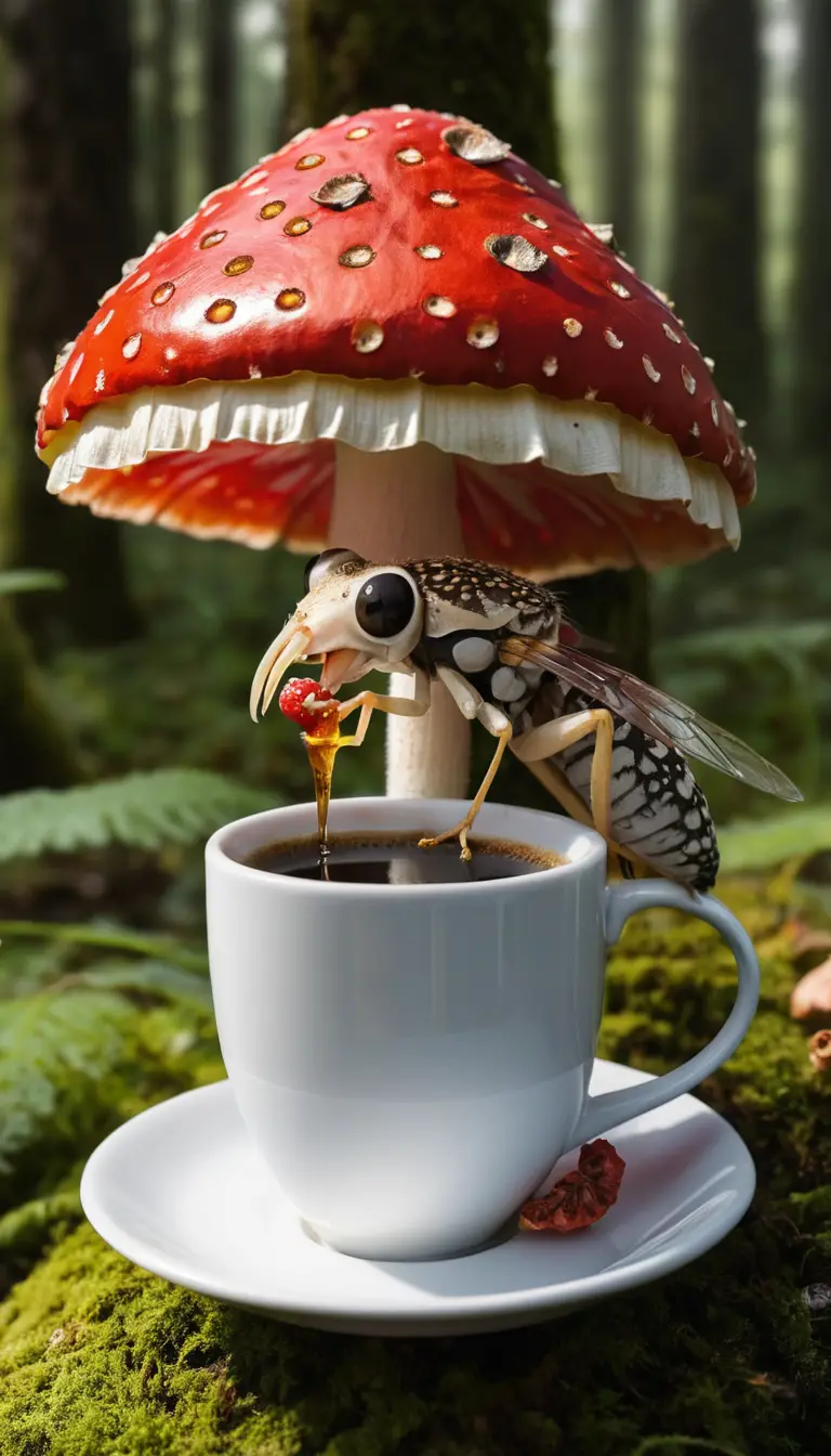 Anthropomorphic Flower Drinking Coffee On Fly Agaric Mushroom