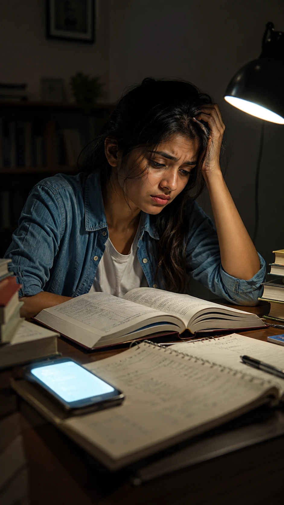 Worried college student studying late at a cluttered desk