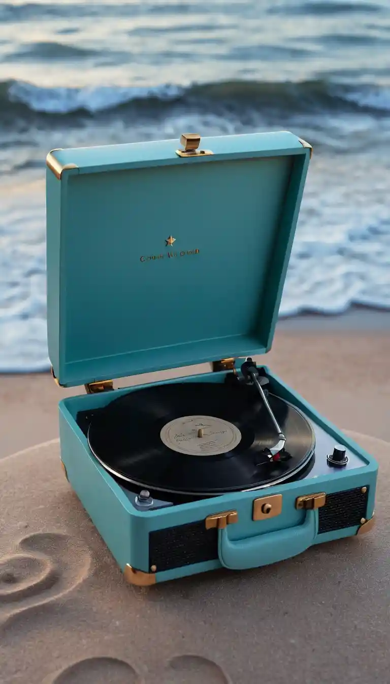 Toca-discos turquesa surreal com mar e céu noturno