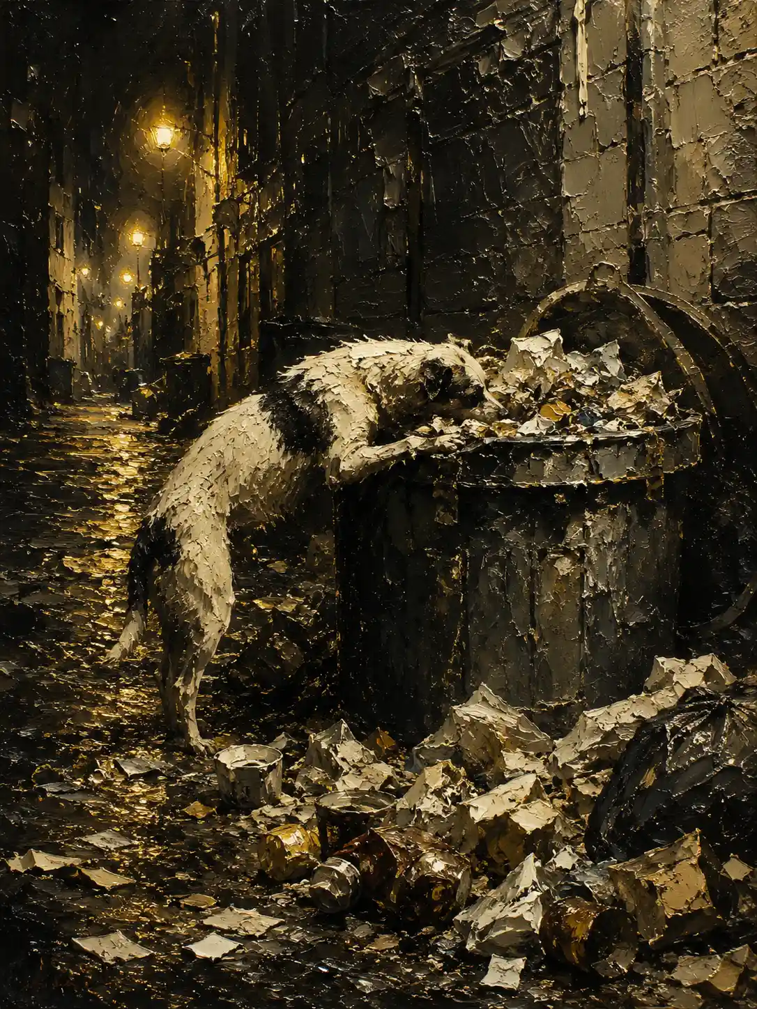 Stray Dog Searching A Trashcan In Dark Urban Alley