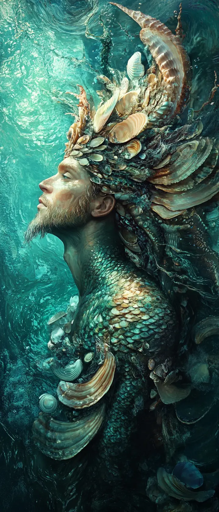 Surreal portrait of a seashell skinned mermaid king