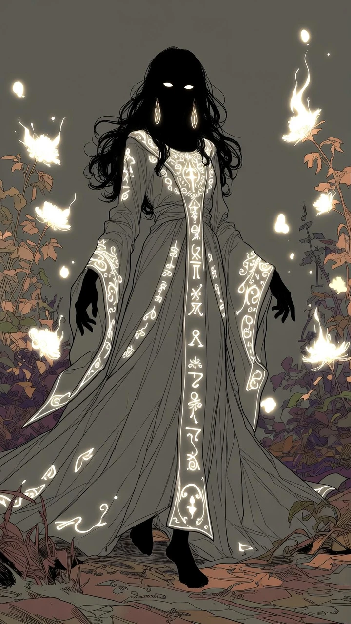 Dark silhouette girl with glowing eyes in fantasy forest