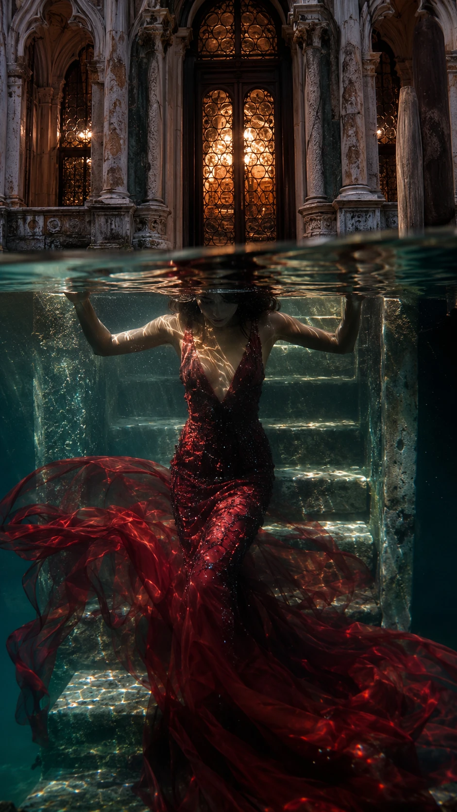 Woman in red gown on flooded venetian steps underwater