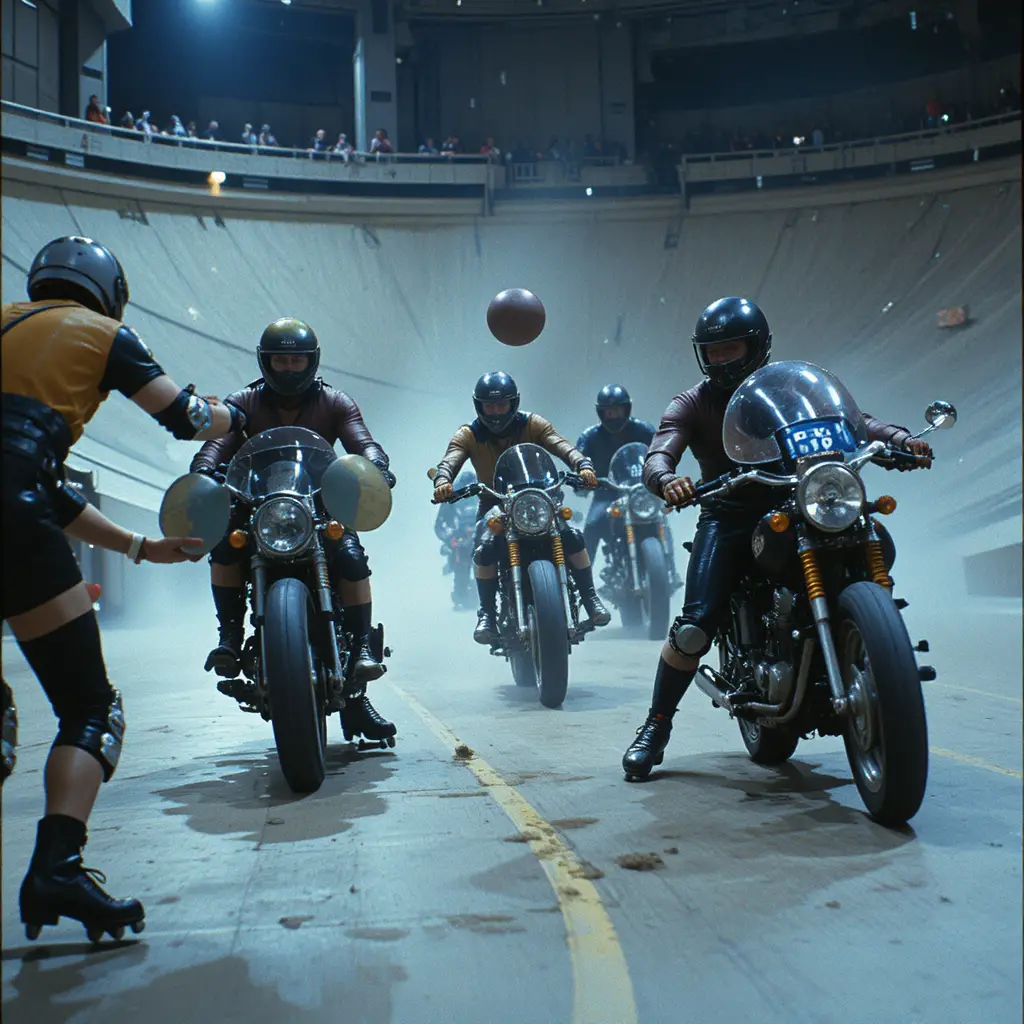 Futuristic rollerball athletes clash on a steep circular track