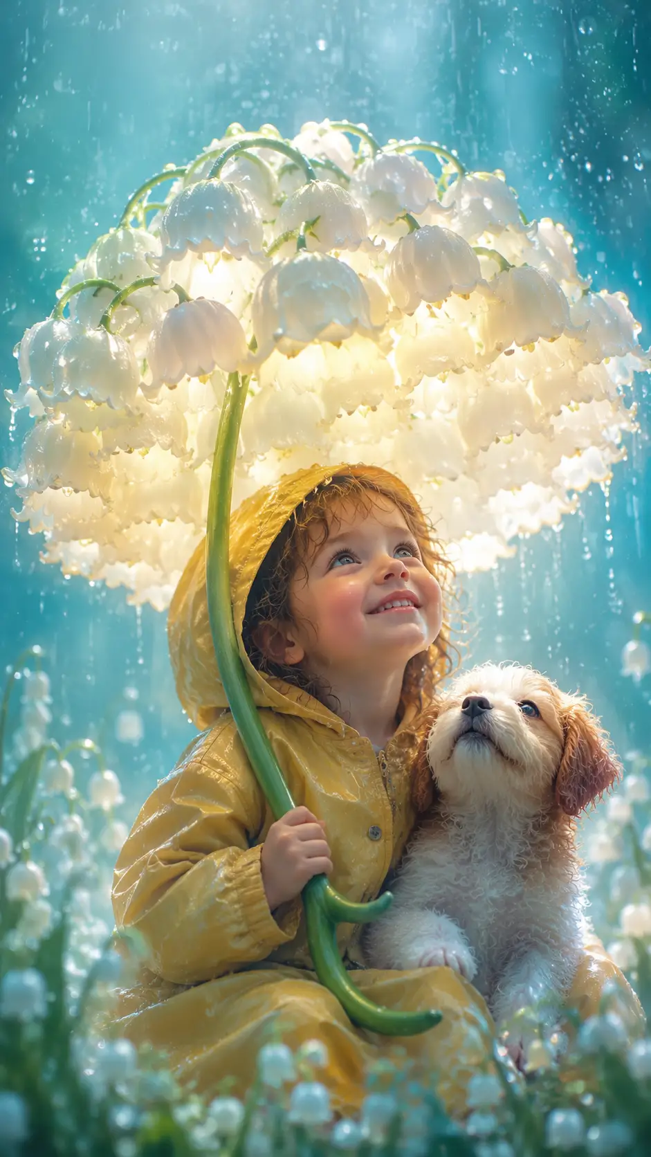 Child and dog under glowing lily umbrella in soft rain