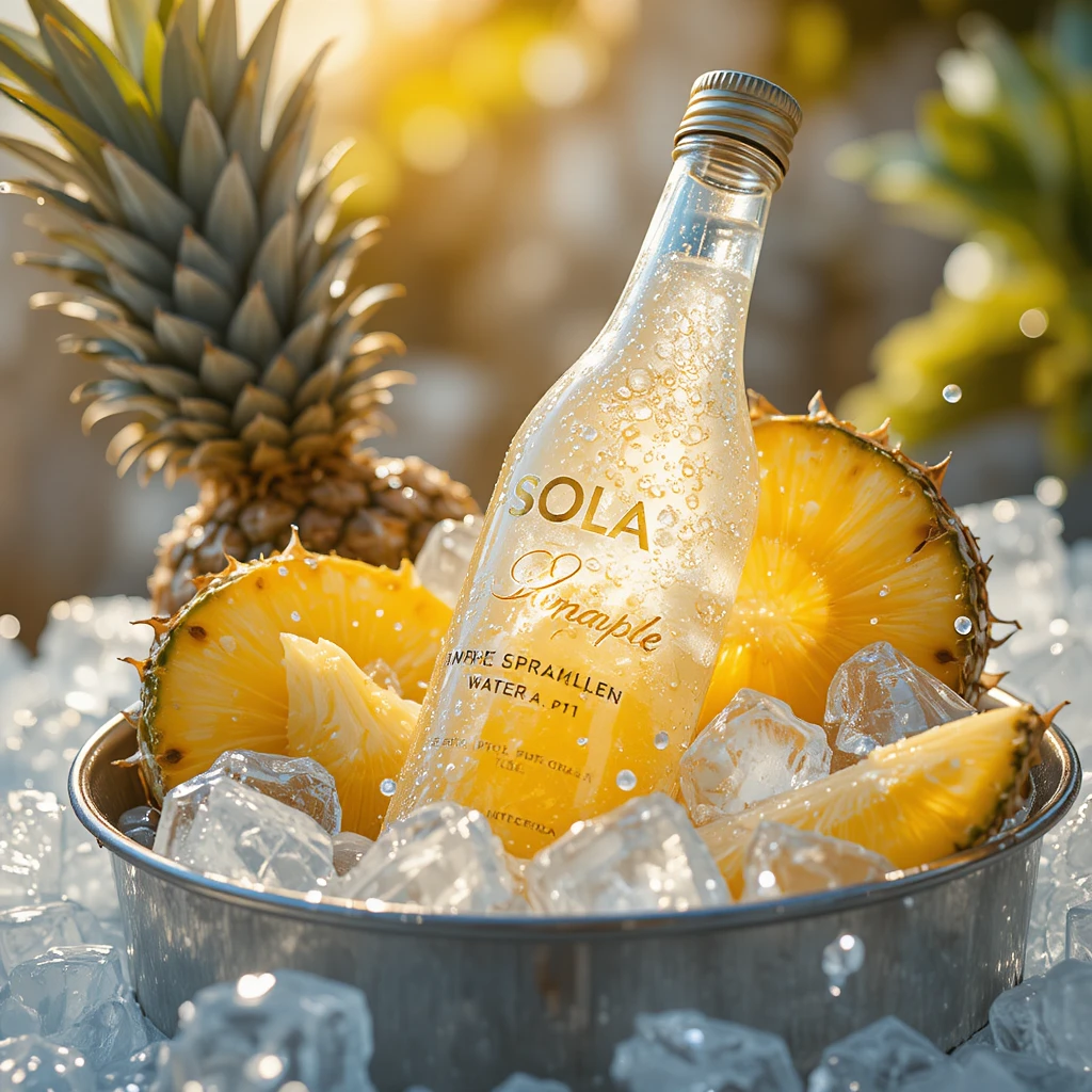 Gekühlte Ananas-Sprudelwasserflasche im Eiskübel aus der Nähe