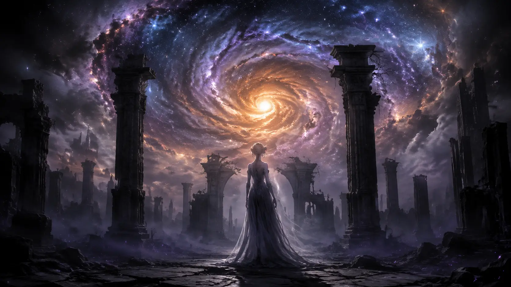 Ethereal woman in cosmic ruins beneath a glowing nebula