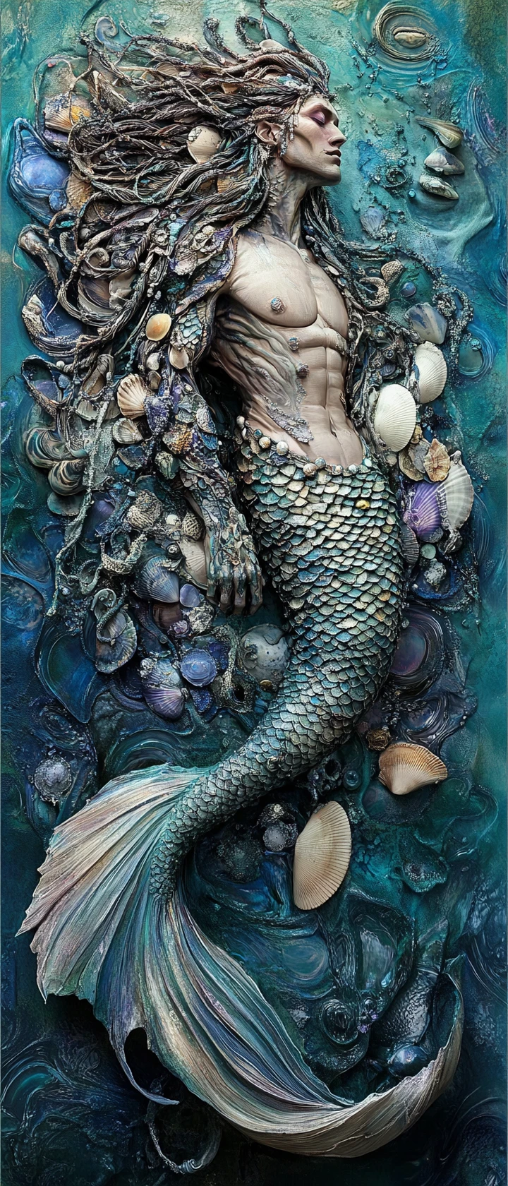 Retrato Surreal de un Poderoso Rey Sirena con Armadura de Conchas