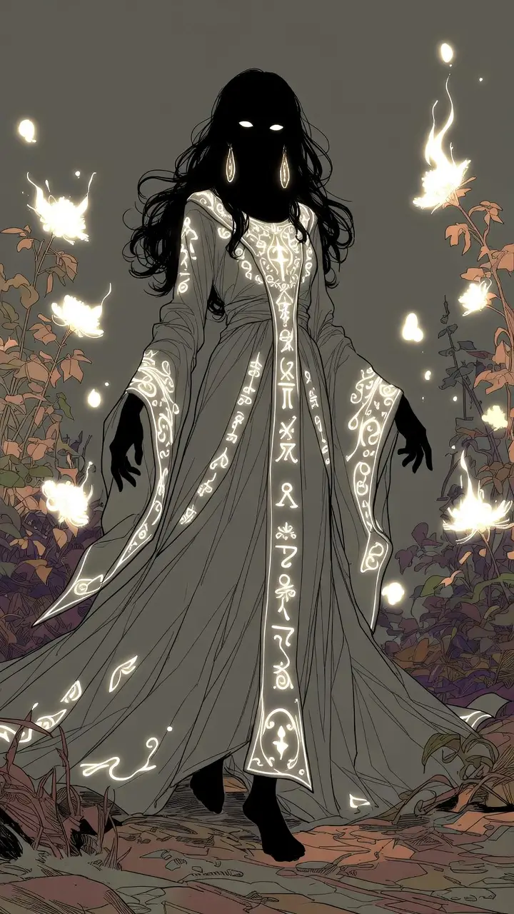 Dark silhouette girl with glowing eyes in fantasy forest
