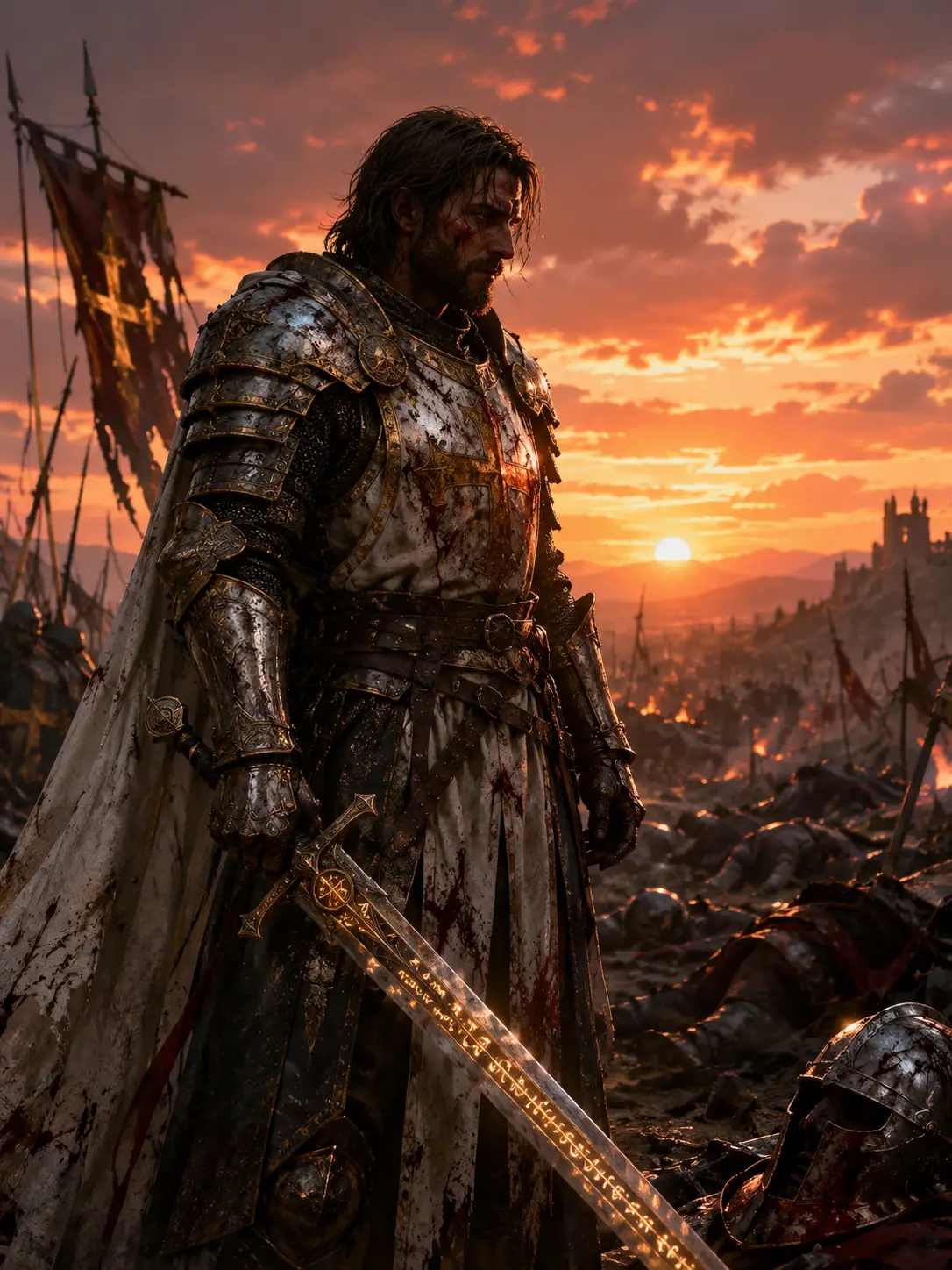 Battle worn paladin standing victorious at fiery sunset