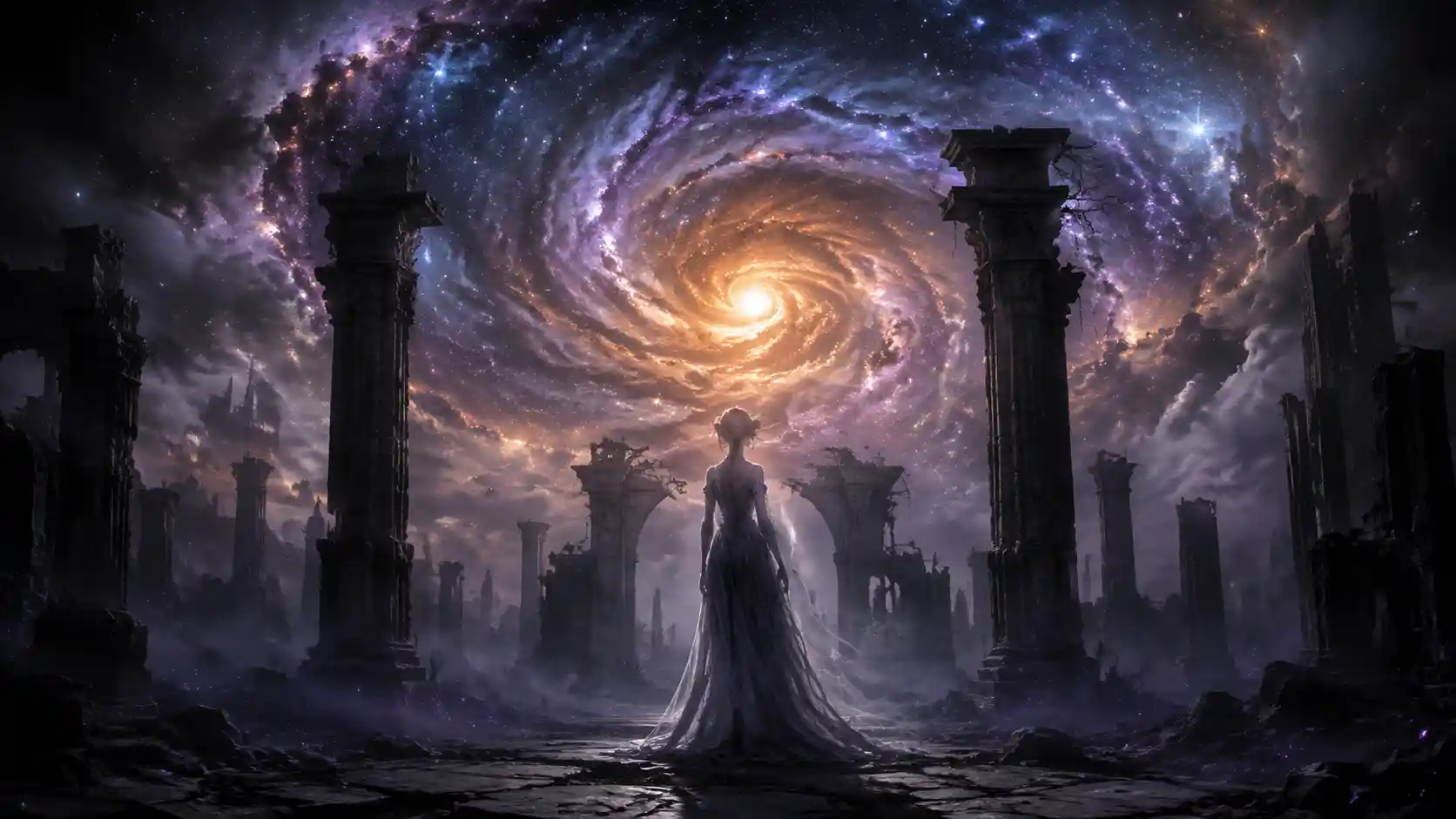 Ethereal woman in cosmic ruins beneath a glowing nebula