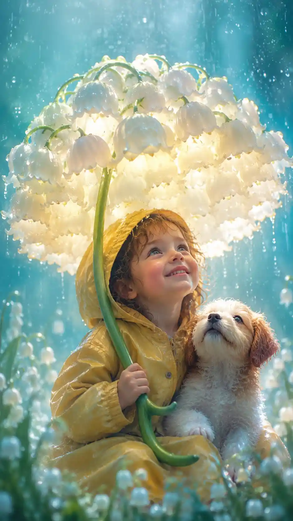 Child and dog under glowing lily umbrella in soft rain