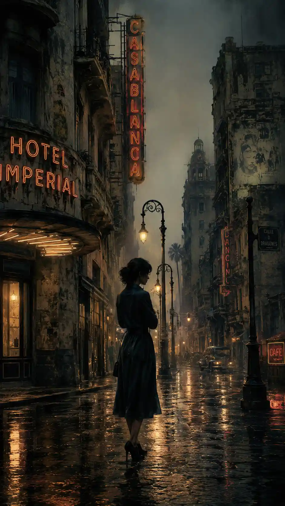 Solitary woman on wet cobblestone street under streetlamps