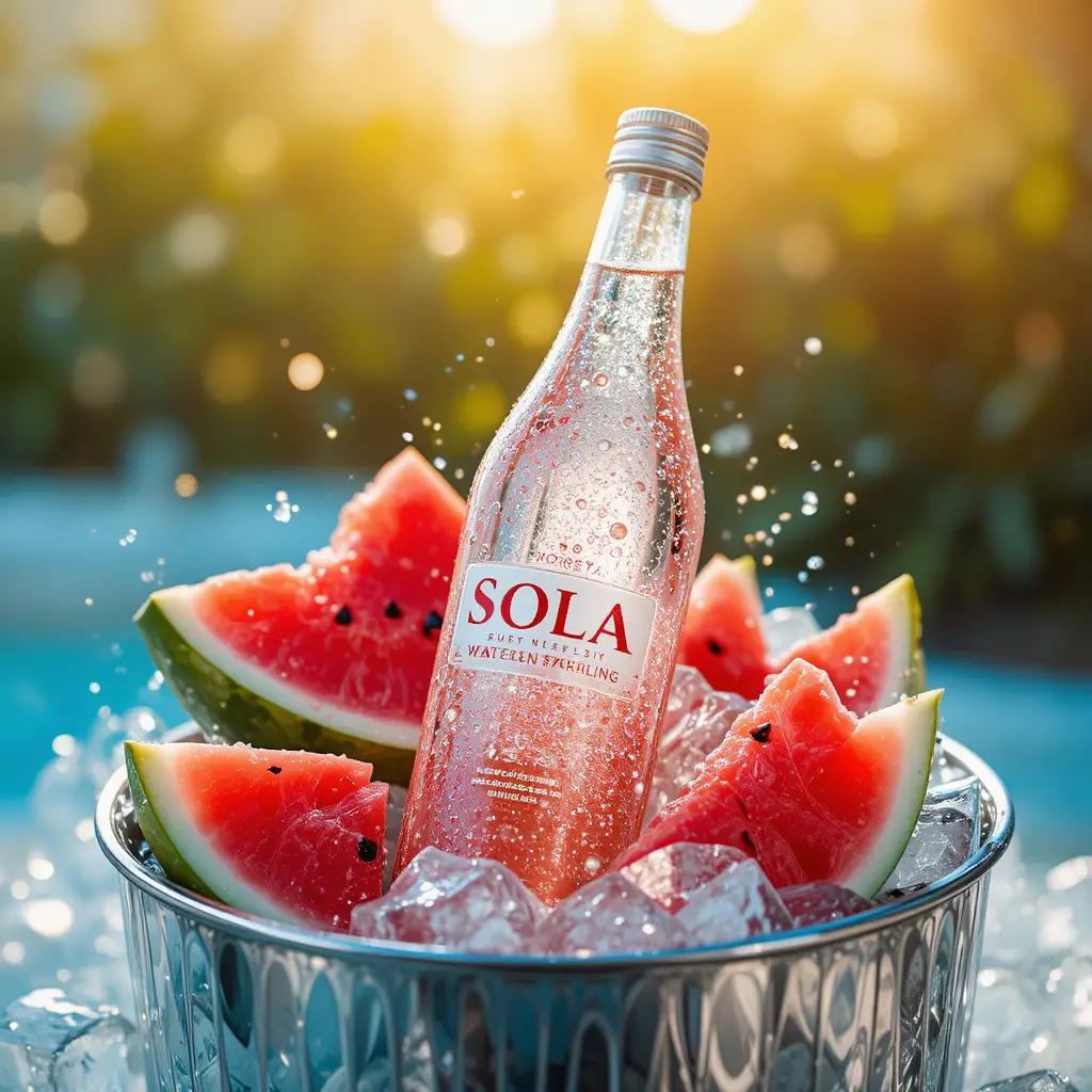 Luxuriöse Sprudelwasserflasche mit Eis und Wassermelone