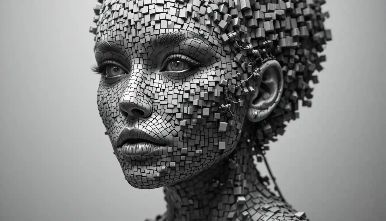 Surreal cubic female face built by tiny workers