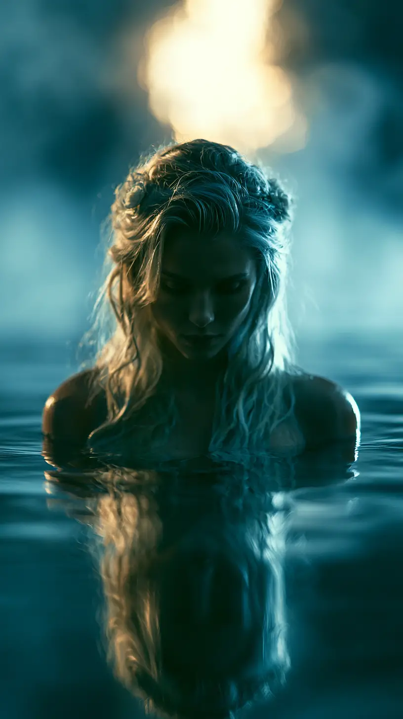 Mystical mermaid emerging from still water at dawn