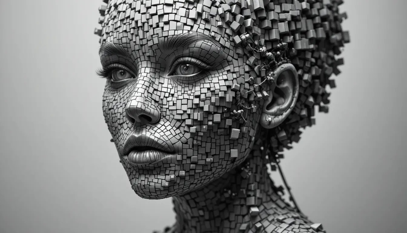 Surreal cubic female face built by tiny workers
