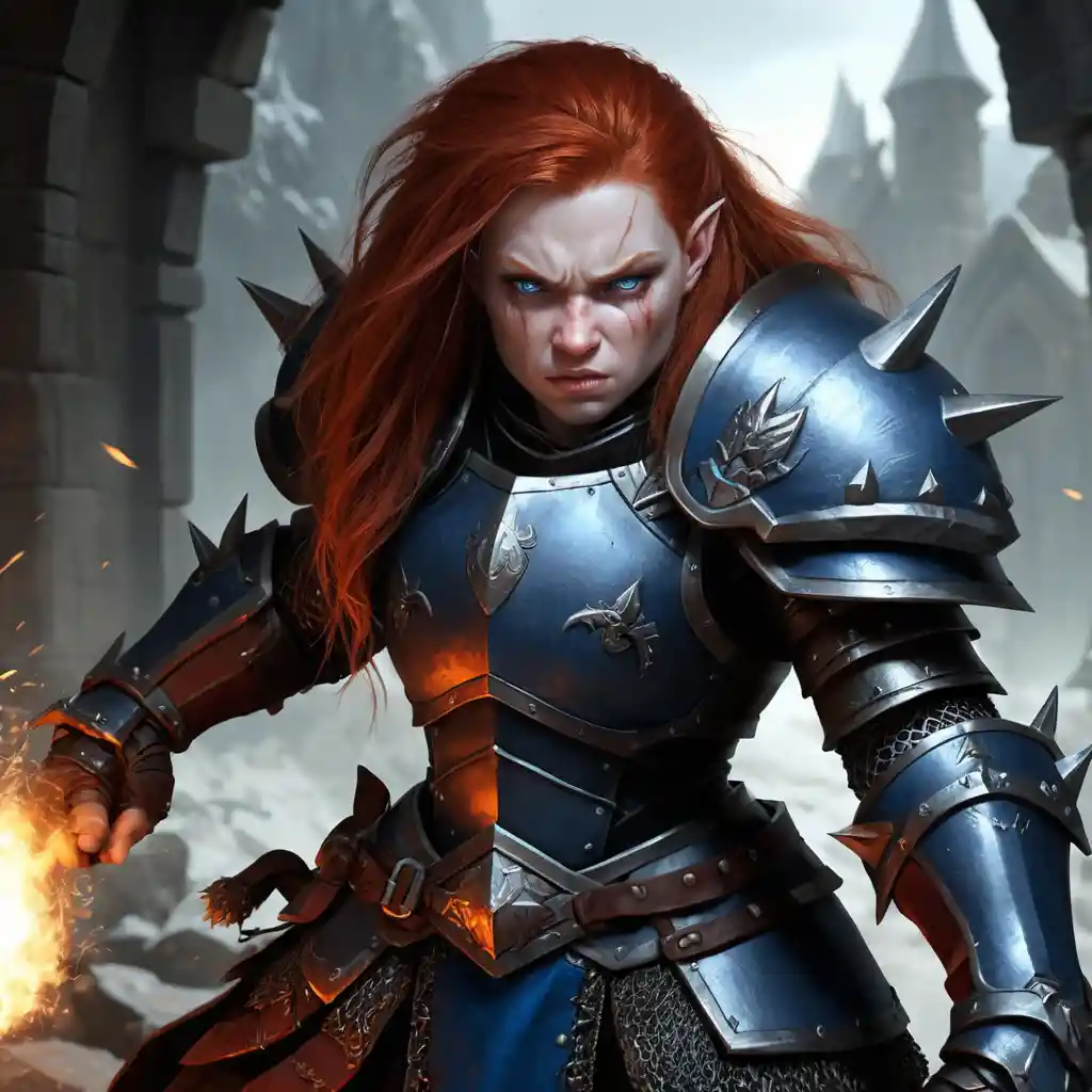 Angry red haired dwarf warrior woman in dark spiked armor