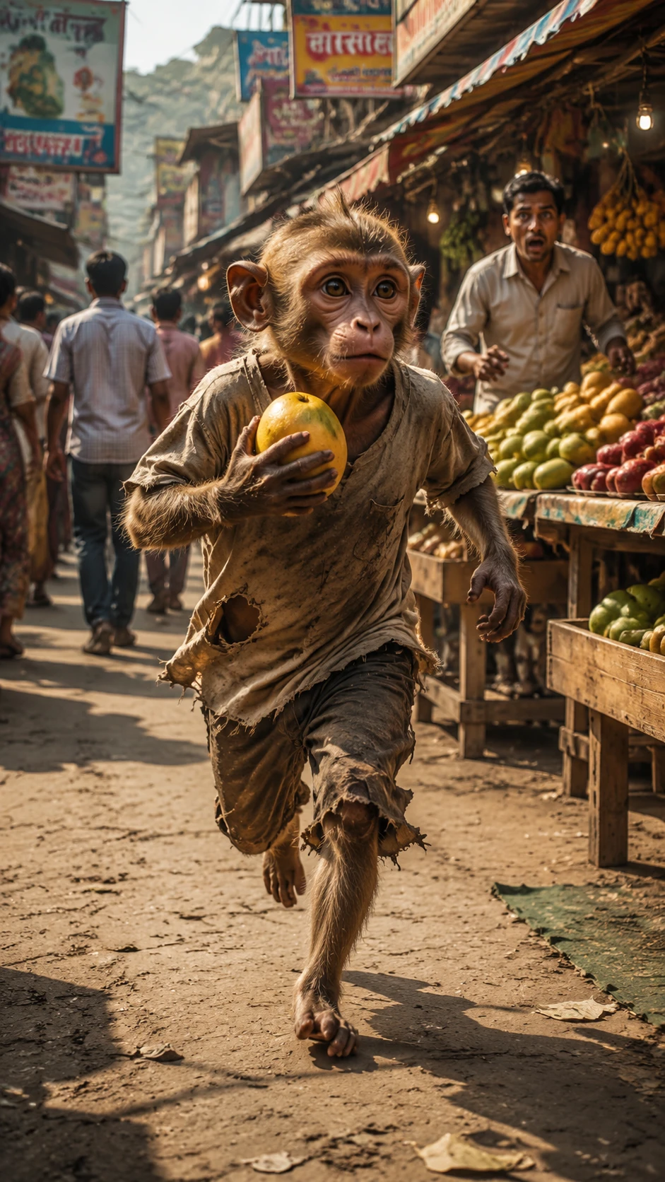 Mono robando un mango en un mercado callejero abarrotado