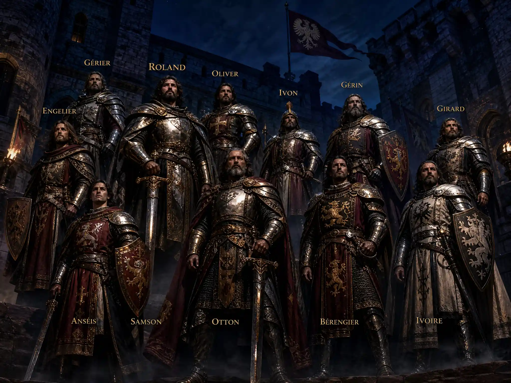 Heroic knights in a torchlit castle courtyard at twilight