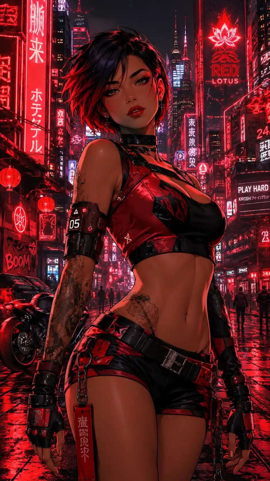 Chica curvilínea cyberpunk en una calle de ciudad iluminada por neones