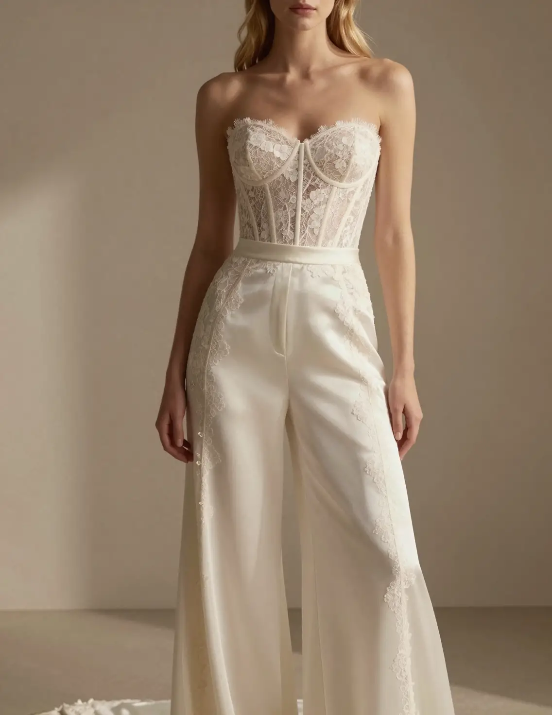 Retrato elegante de moda nupcial en conjunto crema de dos piezas