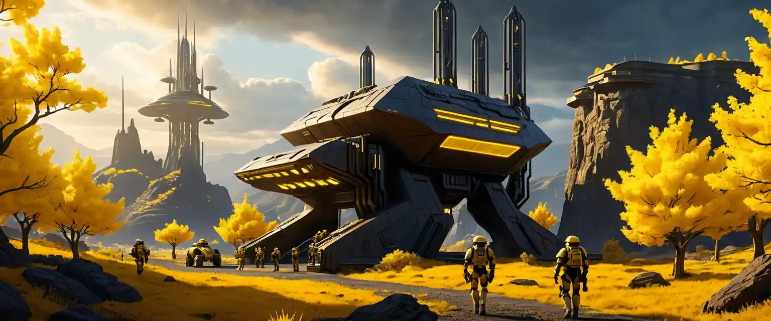 Futuristic soldiers in a sci fi canyon research base