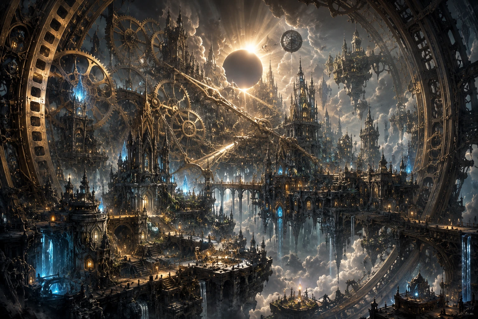 Vasta città a ingranaggi sospesa sopra un infinito oceano di nuvole