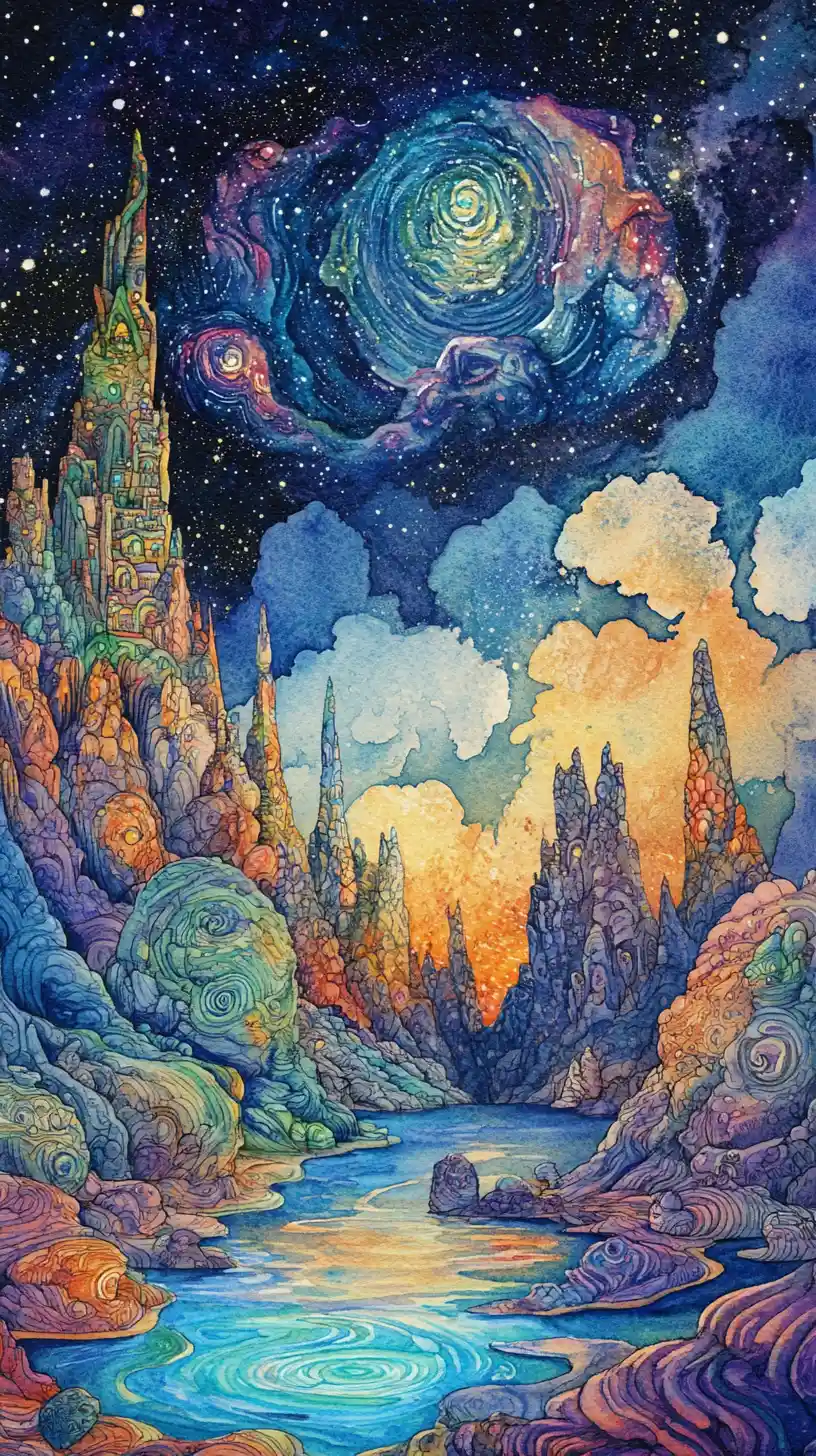 Cheerful rabbit in a dreamy fantasy night landscape